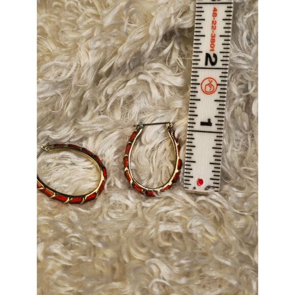 Pair of Gold Toned Hoop Earrings with Red Accent - Picture 8 of 8